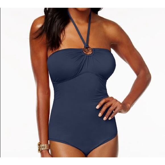 Michael Kors Midnight Blue Gold Detail Tie Neck Size 14 Padded One Piece Swim - Picture 3 of 9